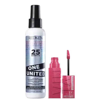 Kit com o tratamento capilar Redken One United e batom líquido Maybelline Superstay Vinyl Ink.