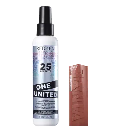 Kit com o tratamento capilar Redken One United e batom líquido Maybelline Superstay Vinyl Ink.