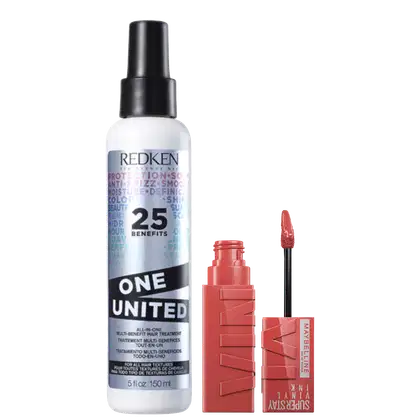 Kit com o tratamento capilar Redken One United e batom líquido Maybelline Superstay Vinyl Ink.