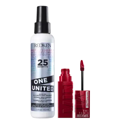 Tratamento capilar Redken, chamado "One United". Trata-se de um tratamento multi-benefício em formato de spray, com 25 benefícios anunciados na embalagem. Ao lado, há a embalagem do batom líquido superstay ink da marca Maybelline.