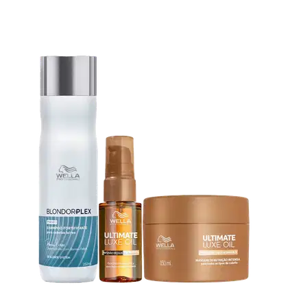 Kit Wella Professionals Ultimate Luxe Oil + BlondorPlex Trio, 3 produtos.