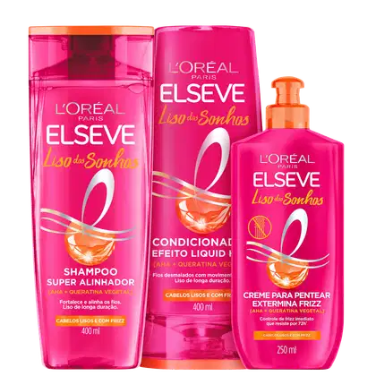 Kit com shampoo, condicionador e creme de pentear Liso dos Sonhos, da marca Elseve.