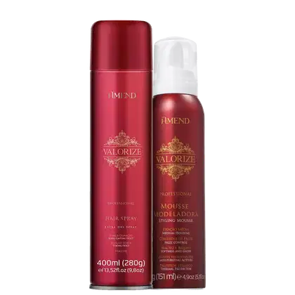 Kit com spray fixador e mousse modeladora Valorize, da marca Amend.
