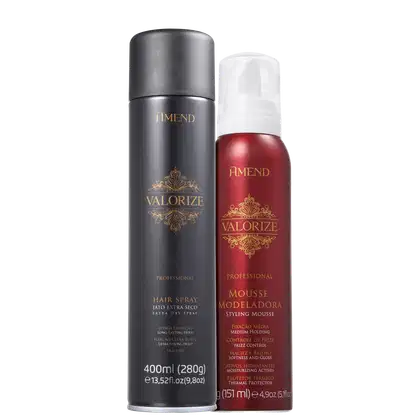 Kit com spray fixador e mousse modeladora Valorize, da marca Amend.