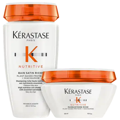 Kit com shampoo e máscara Nutritive Riche, da marca Kérastase.