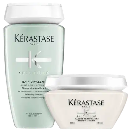 Kit com shampoo e máscara Spécifique, da marca Kérastase.