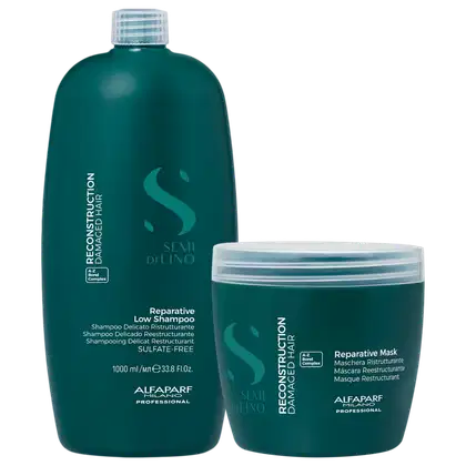 Produtos de cabelo da marca Alfaparf Milano, incluindo um frasco grande de shampoo reparador e um pote de máscara reparadora, ambos em tonalidade verde escura com detalhes em branco.