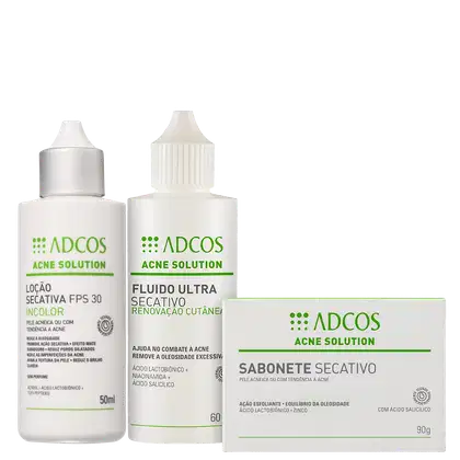 Kit Adcos Acne Solution com sabonete barra, loção secativa e fluido ultra secativo