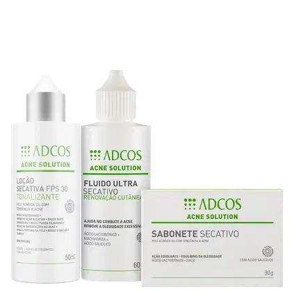 Kit Adcos Acne Solution Trio Tonalizante: sabonete barra secativo, loção secativa tonalizante e fluido ultra secativo
