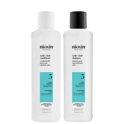 Kit com shampoo e condicionador Volume Thinning Sistema 3, da marca Nioxin.