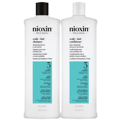 Kit com shampoo e condicionador Volume Thinning Sistema 3, da marca Nioxin.