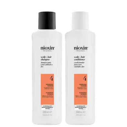 Kit com shampoo e condicionador Volume Thinning Sistema 4, da marca Nioxin.