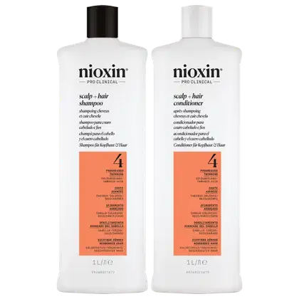 Kit com shampoo e condicionador Volume Thinning Sistema 4, da marca Nioxin.