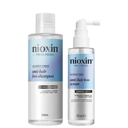 Kit com shampoo e sérum Anti-Hair Loss, da marca Nioxin.