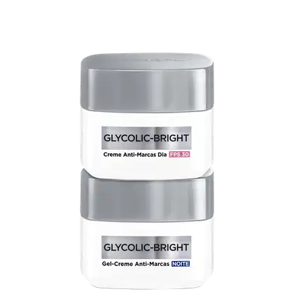 Kit com creme redutor de marcas, gel creme e sérum facial Glycolic Bright, da marca L'Oréal Paris.