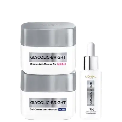 Kit com creme redutor de marcas, gel creme e sérum facial Glycolic Bright, da marca L'Oréal Paris.