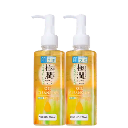 Dois frascos de óleo de limpeza da marca Hadalabo, com embalagem plástica transparente e rótulos em amarelo e azul. Os frascos possuem bombas doseadoras brancas e contêm 200 ml de produto cada.