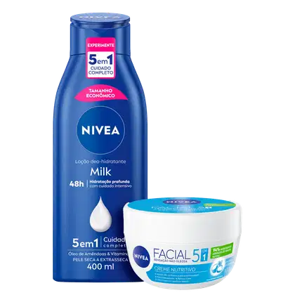 Kit NIVEA Milk + Facial 5 em 1, 2 produtos.
