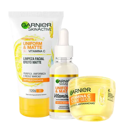 Imagem do produto Kit Garnier SkinActive Uniform & Matte Vitamina C Limpeza e Toque Seco (3 Produtos)