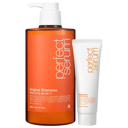 O produto de beleza Mise en Scène consiste em um frasco de shampoo laranja e máscara capilar, da linha Perfect Serum.