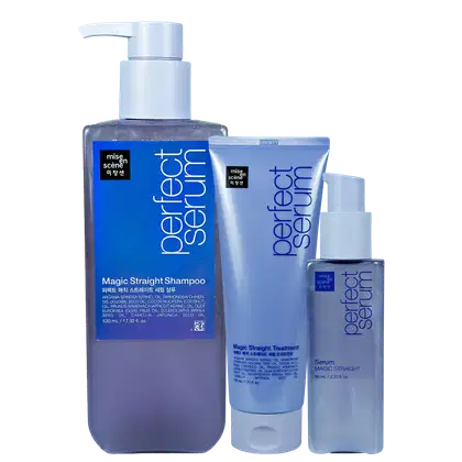 Mise en Scène Magic Straight Shampoo, Condicionador e Serum em embalagens azuis e brancas.