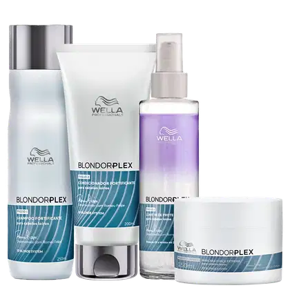 Produtos da linha Blondorplex da Wella Professionals, incluindo shampoo, condicionador, máscara e spray de proteção, em embalagens brancas e azuis com detalhes em roxo.