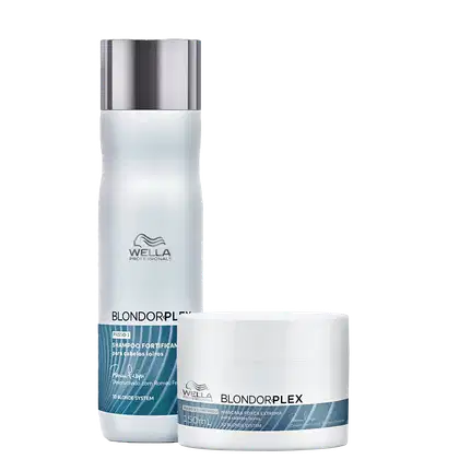 Produtos da linha Blondorplex da Wella Professionals, incluindo um frasco de shampoo fortificante e um pote de máscara capilar para cabelos loiros, com embalagens brancas e azuis.