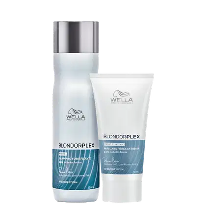 Produtos da linha Blondorplex da Wella Professionals, incluindo um frasco de shampoo fortificante e um pote de máscara capilar para cabelos loiros, com embalagens brancas e azuis.