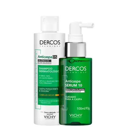 Dois produtos da marca Vichy Dercos: um frasco de shampoo anticaspa para cabelos secos de 125g, e um frasco de serum anticaspa de 100ml