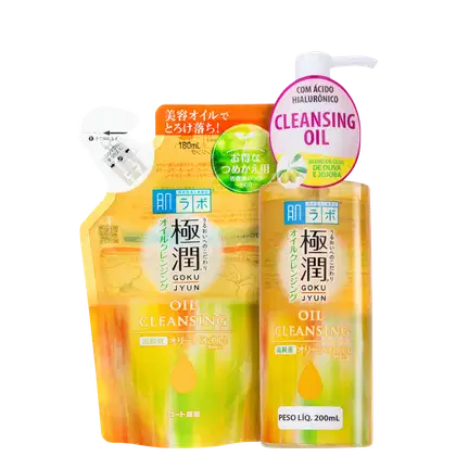 Dois frascos de óleo de limpeza da marca Hada Labo, com embalagens em tons de amarelo e laranja. Um frasco é maior, com 200 ml, e o outro versão refil, com 180 ml.