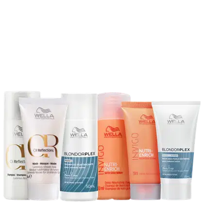Produtos da marca Wella Professionals, incluindo shampoo e máscara das linhas BlondorPlex, Oil Reflections e Invigo Nutri-Enrich, com volumes de 30 e 50ml