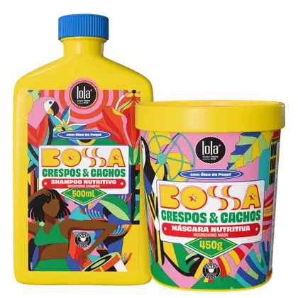 Produtos da marca Lola From Rio, incluindo um frasco de shampoo nutritivo Bossa Crespos & Cachos de 500 ml e um pote de máscara nutritiva Bossa Crespos & Cachos de 450 g, com embalagens coloridas e vibrantes em tons de amarelo, rosa e azul.