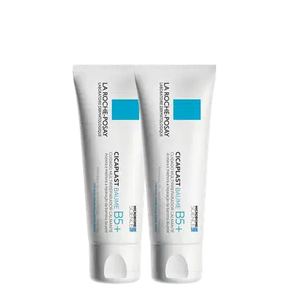 Dois tubos de creme da marca La Roche-Posay, com rótulos azuis e brancos, exibindo o nome "Cicaplast Baume B5+" e informações sobre o produto.