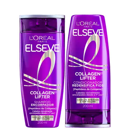 Dois frascos de produtos Elseve da L'Oréal Paris, com embalagens roxas e detalhes dourados. O primeiro é um shampoo Collagen Lifter e o segundo é um condicionador Collagen Lifter, ambos com 200 ml.