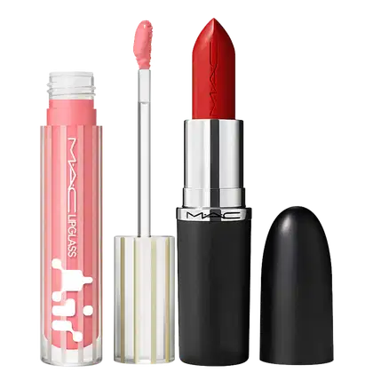 Kit M·A·C MACximal Satin Left On Red + Lipglass Airshine Snobbish, 2 produtos.