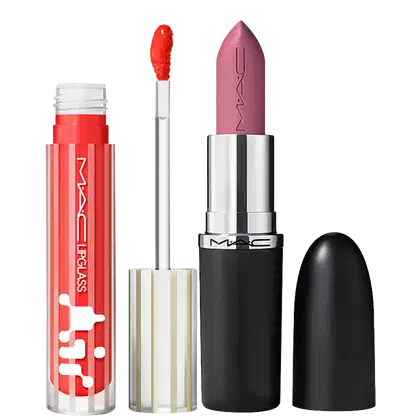 Kit M·A·C MACximal Satin Pink Peppermint + Lipglass Airshine Spritz, 2 produtos.