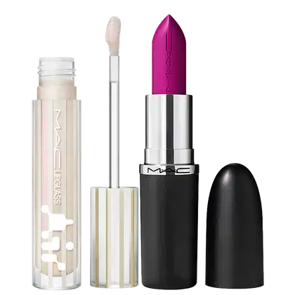Kit M·A·C MACximal Satin Violet Vapor + Lipglass Airshine Frosting, 2 produtos.