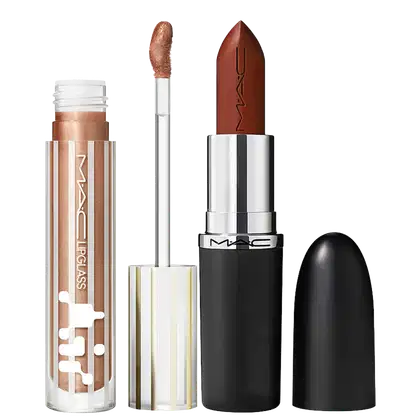 Kit M·A·C MACximal Satin Espresso Yourself + Lipglass Air Shade Extension So Golden, 2 produtos.