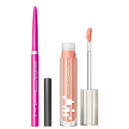 Kit M.A.C Lipglass Airshine Behaved + Lipglazer Glossy Liner Candy Yum Yum, 2 produtos.