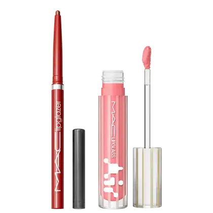 Kit M.A.C Lipglass Airshine Snobbish + Lipglazer Glossy Liner Ribbon, 2 produtos.