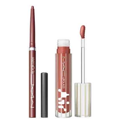 Kit M.A.C Lipglass Airshine Casual + Lipglazer Glossy Liner Whirlin, 2 produtos.