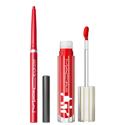Kit M.A.C Lipglass Airshine Talented + Lipglazer Glossy Liner Lady Danger, 2 produtos.