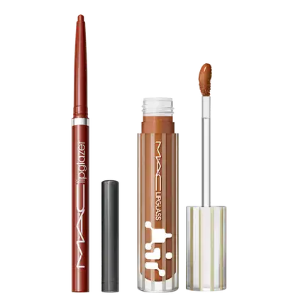 Kit M.A.C Lipglass Airshine Instinct + Lipglazer Glossy Liner Marrakesh, 2 produtos.