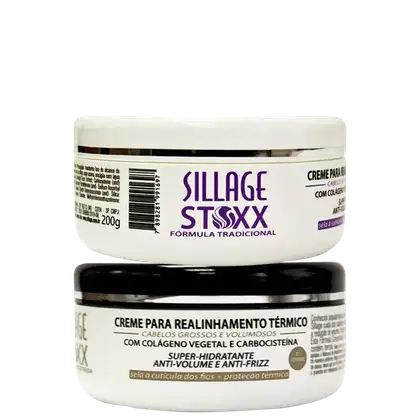 Creme para realinhamento térmico da marca Sillage Stoxx, em embalagem branca com rótulo roxo e preto, contendo informações sobre os ingredientes e benefícios do produto.