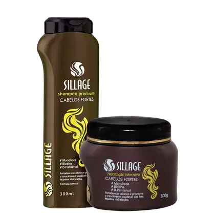 Shampoo premium e hidratação intensiva da marca Sillage, em embalagens de plástico preto e dourado, com rótulos destacando ingredientes como mandioca, biotina e D-pantenol.