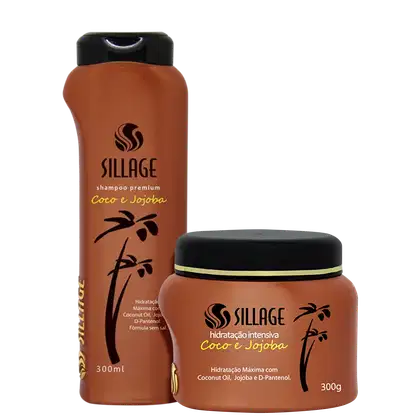 Dois produtos da marca Sillage: um frasco de shampoo premium de 300ml com rótulo laranja e preto, e um pote de hidratação intensiva de 300g com rótulo laranja e preto, ambos com ingredientes de coco e jojoba.