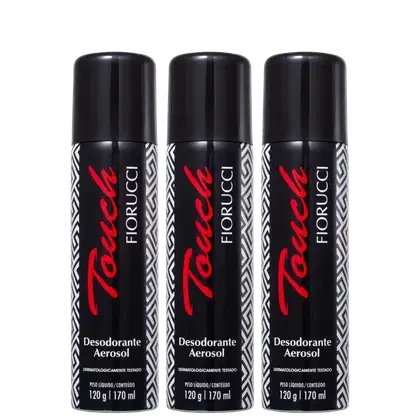 Três frascos de desodorante aerossol da marca Fiorucci, com embalagem preta e vermelha, exibindo o nome da marca em destaque. Os frascos possuem 170 ml de conteúdo líquido.