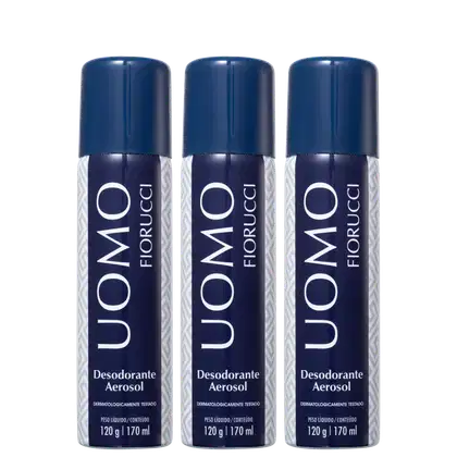 Três frascos de desodorante aerossol da marca Fiorucci, com embalagem azul escura e branca, contendo 170 ml cada. O rótulo apresenta o nome da marca em destaque.