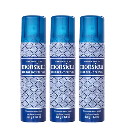 Três frascos de desodorante perfumado Monsieur da marca Greenwood, com embalagem azul e branca, apresentando um padrão geométrico. Cada frasco contém 170 ml do produto.