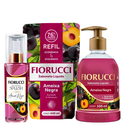Produtos Fiorucci: Deo Colônia Splash Ameixa Negra 200ml, Sabonete Líquido Ameixa Negra 440ml e 500ml, em embalagens com cores rosa e verde, destacando a fragrância e hidratação.